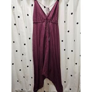 Free People sheer maroon silver pin striped balloon leg v-neck  jumpsuit XS